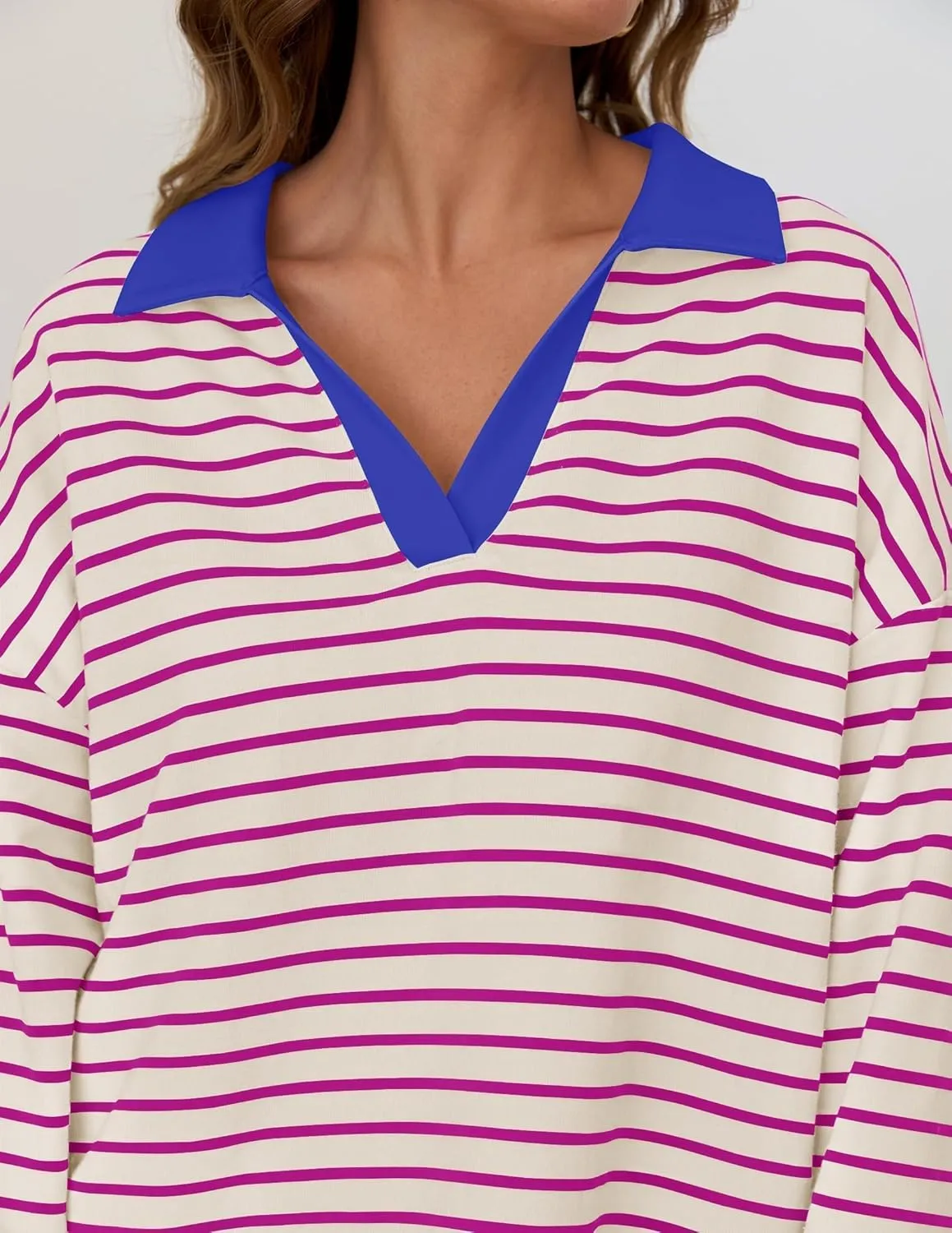 ZESICA Womens Striped Long Sleeve Tops Oversized Sweatshirt V Neck Loose Fit Tunic Tops Spring Casual Blouses