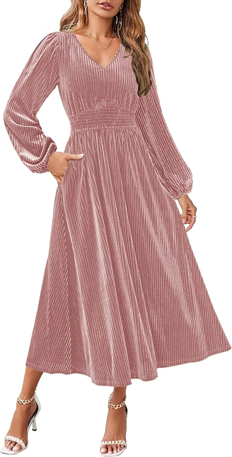 ZESICA Women's Velvet Midi Dress Casual V Neck Long Sleeve Solid Color Elastic High Waist Flowy Evening Party Dresses