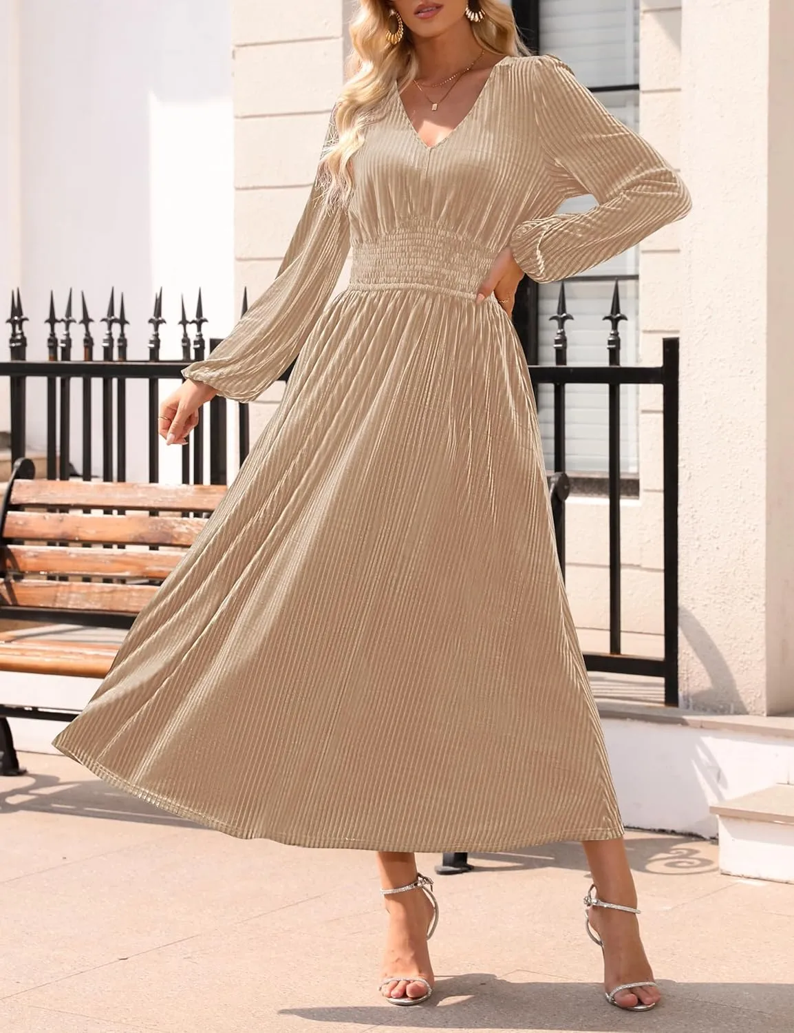 ZESICA Women's Velvet Midi Dress Casual V Neck Long Sleeve Solid Color Elastic High Waist Flowy Evening Party Dresses