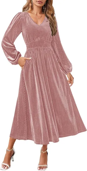 ZESICA Women's Velvet Midi Dress Casual V Neck Long Sleeve Solid Color Elastic High Waist Flowy Evening Party Dresses