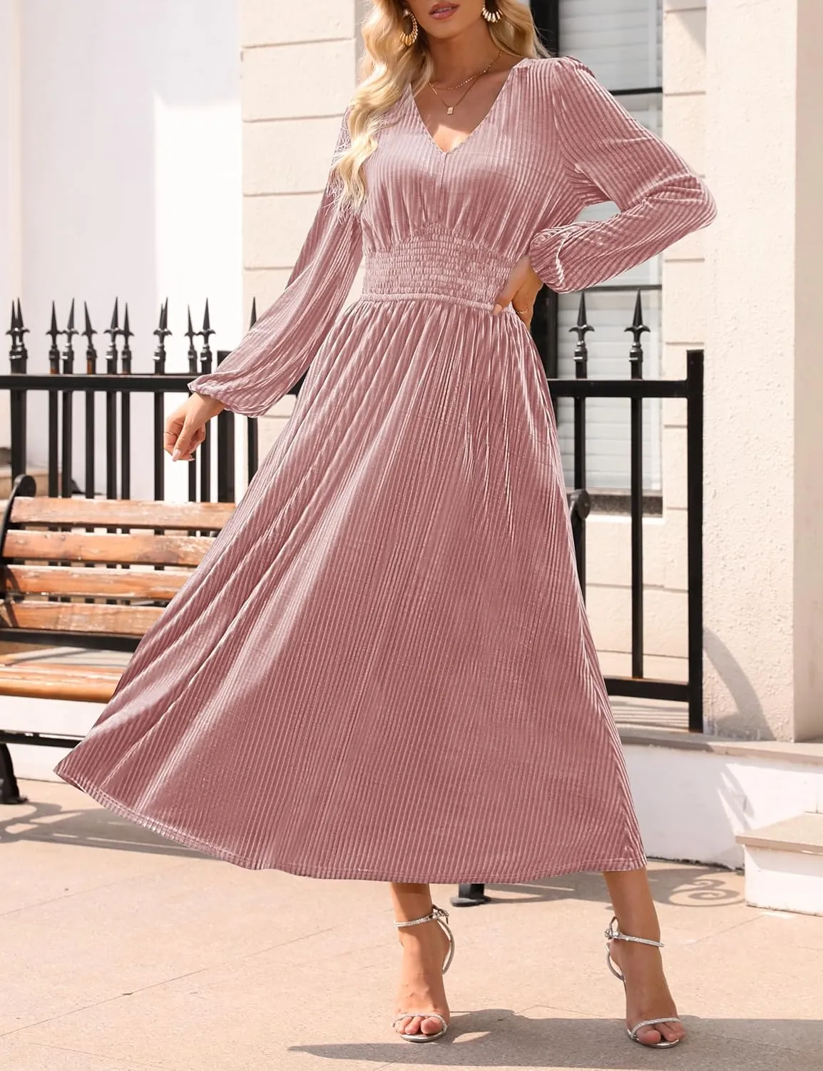ZESICA Women's Velvet Midi Dress Casual V Neck Long Sleeve Solid Color Elastic High Waist Flowy Evening Party Dresses