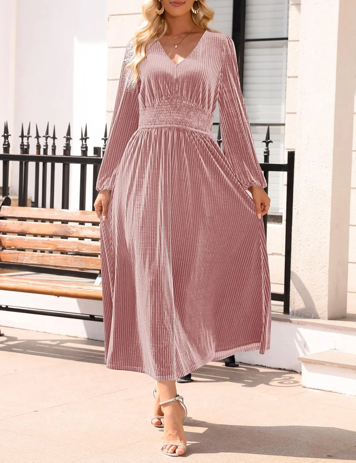 ZESICA Women's Velvet Midi Dress Casual V Neck Long Sleeve Solid Color Elastic High Waist Flowy Evening Party Dresses