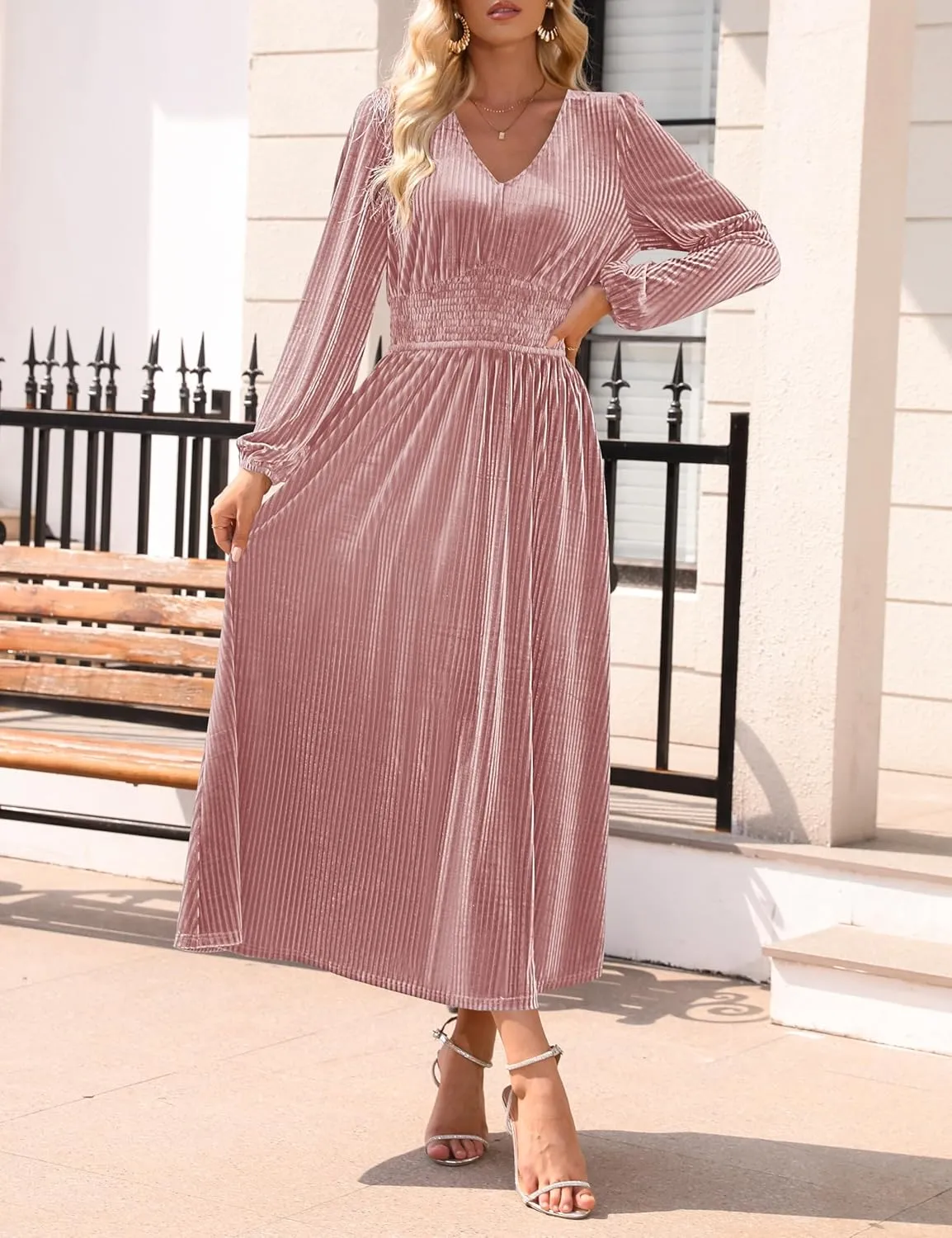 ZESICA Women's Velvet Midi Dress Casual V Neck Long Sleeve Solid Color Elastic High Waist Flowy Evening Party Dresses