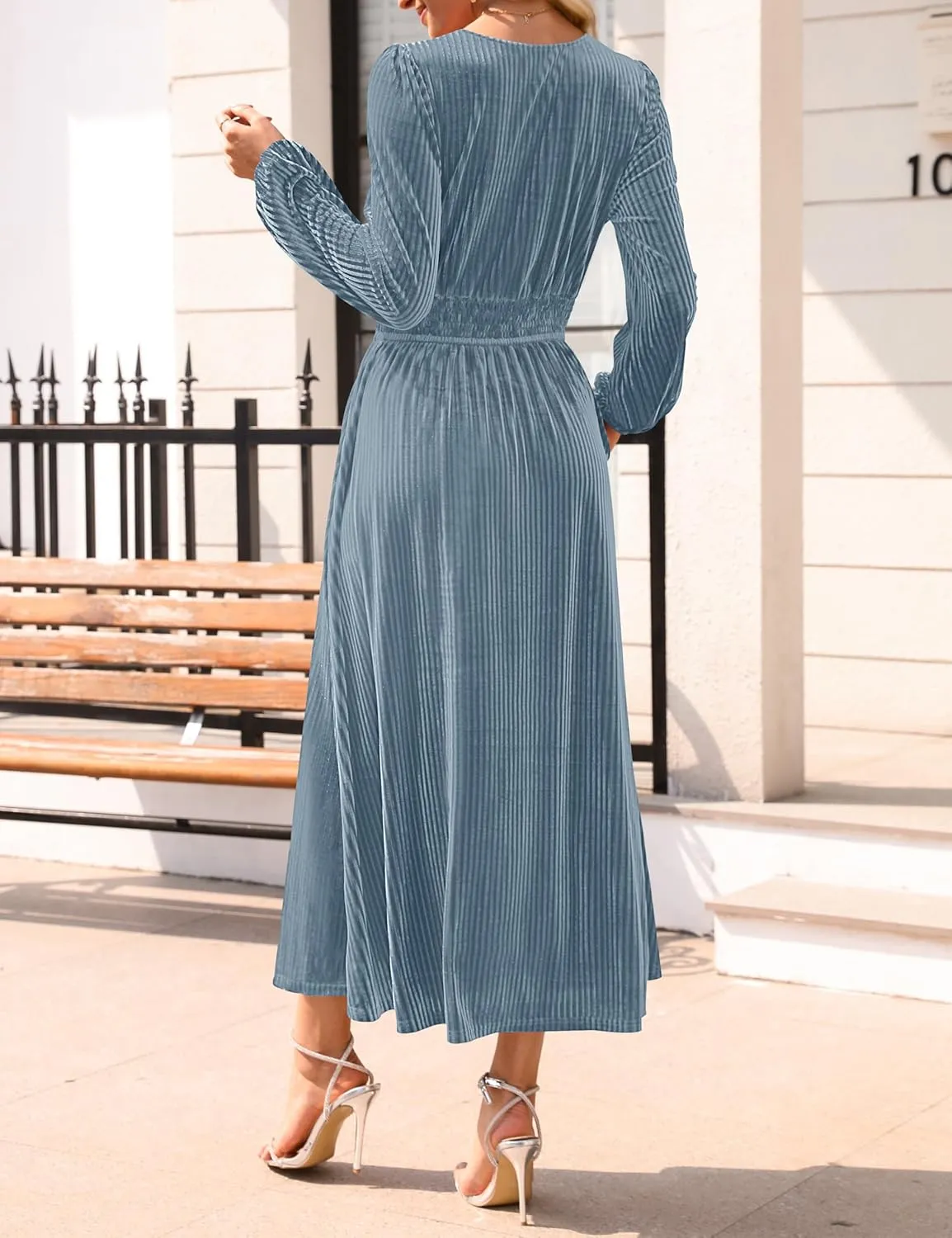 ZESICA Women's Velvet Midi Dress Casual V Neck Long Sleeve Solid Color Elastic High Waist Flowy Evening Party Dresses