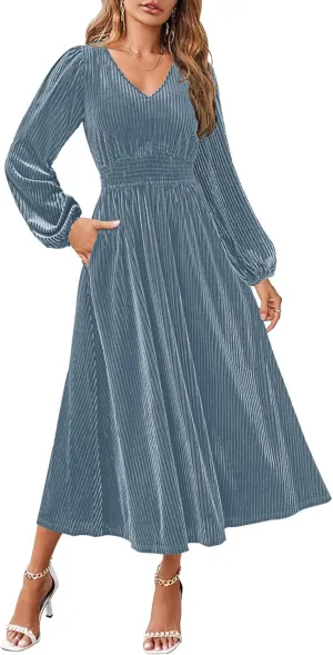 ZESICA Women's Velvet Midi Dress Casual V Neck Long Sleeve Solid Color Elastic High Waist Flowy Evening Party Dresses