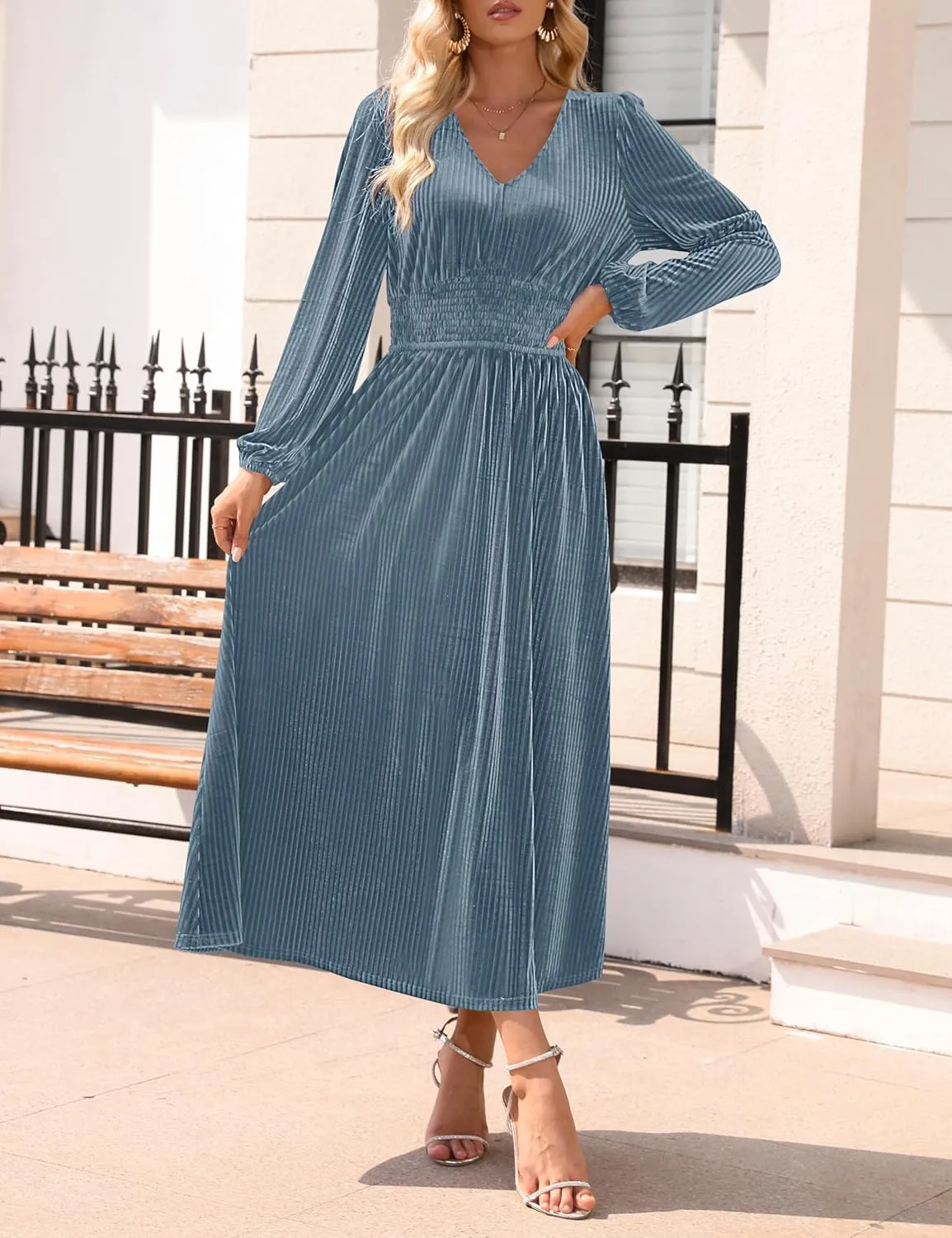 ZESICA Women's Velvet Midi Dress Casual V Neck Long Sleeve Solid Color Elastic High Waist Flowy Evening Party Dresses