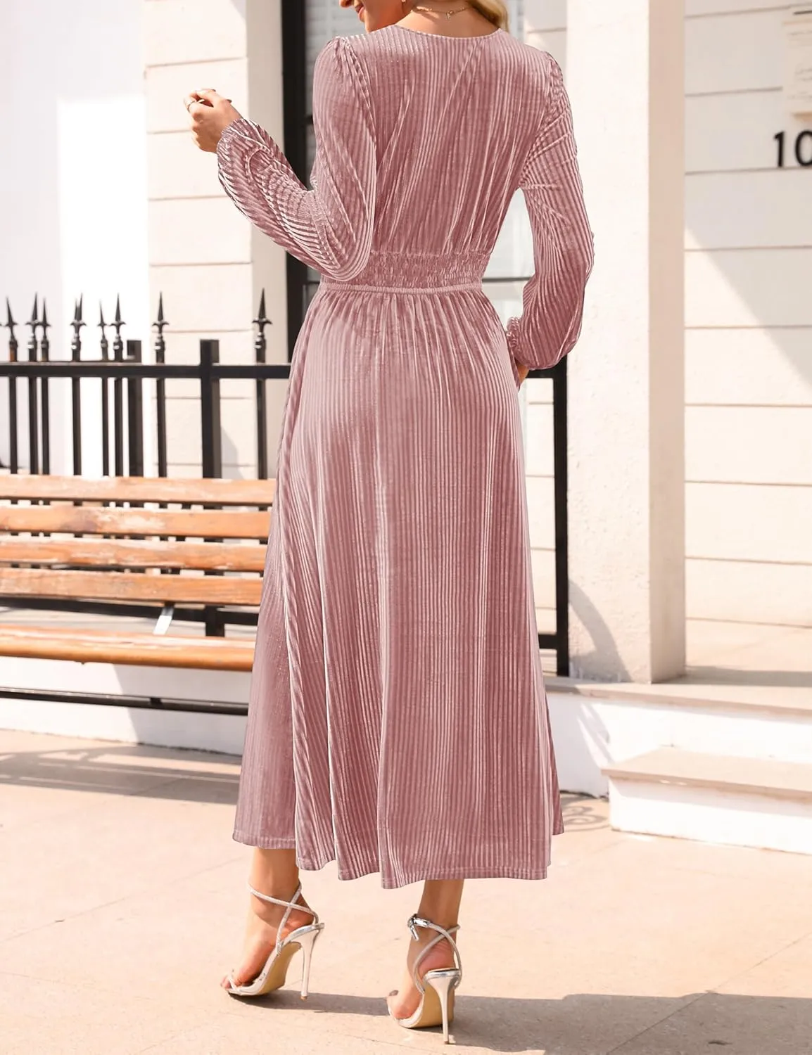ZESICA Women's Velvet Midi Dress Casual V Neck Long Sleeve Solid Color Elastic High Waist Flowy Evening Party Dresses