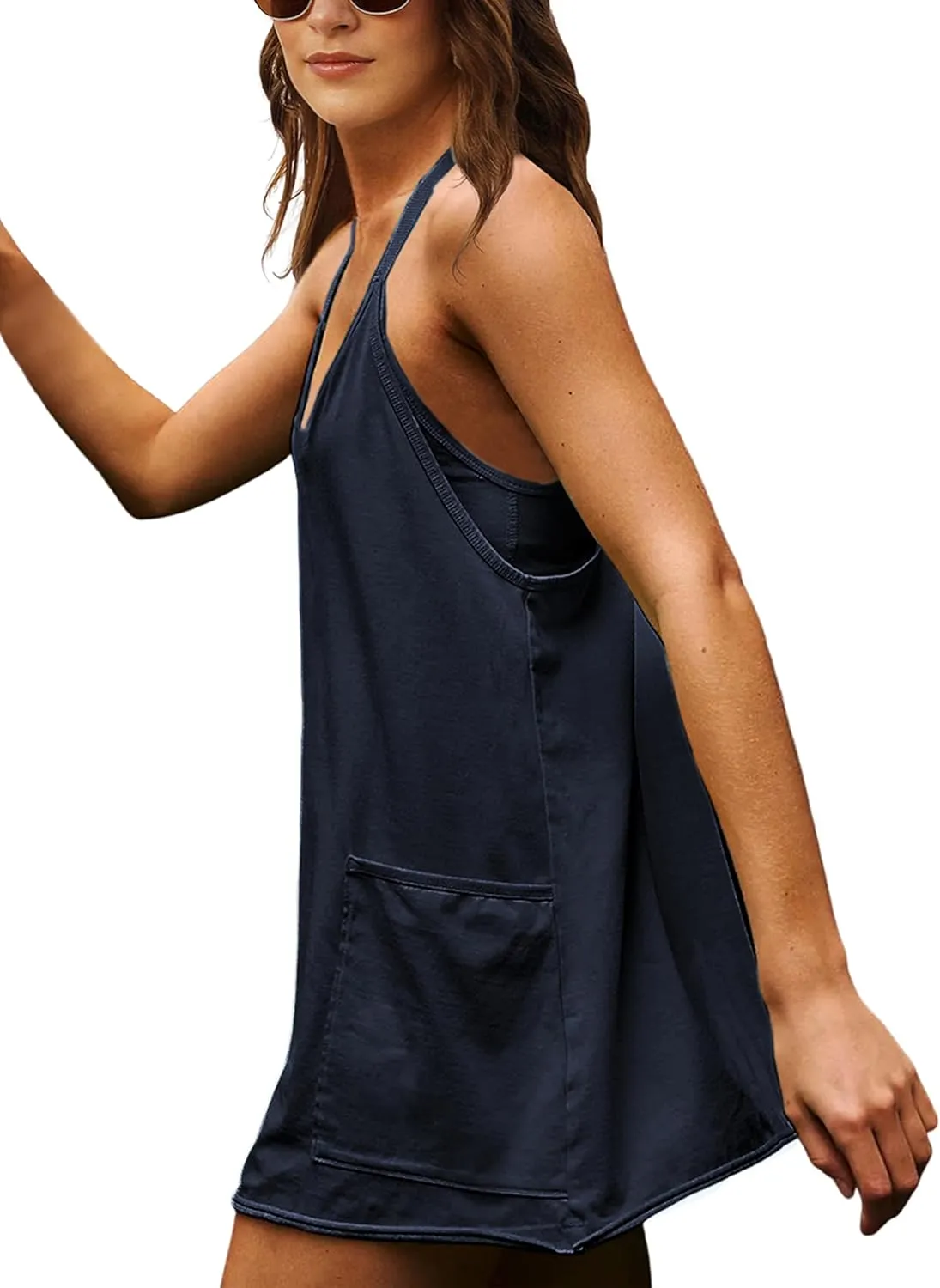 Zhiyouni Women's Summer Sleeveless Mini Dress V Neck Spaghetti Straps Athletic Built-in Shorts Sundress