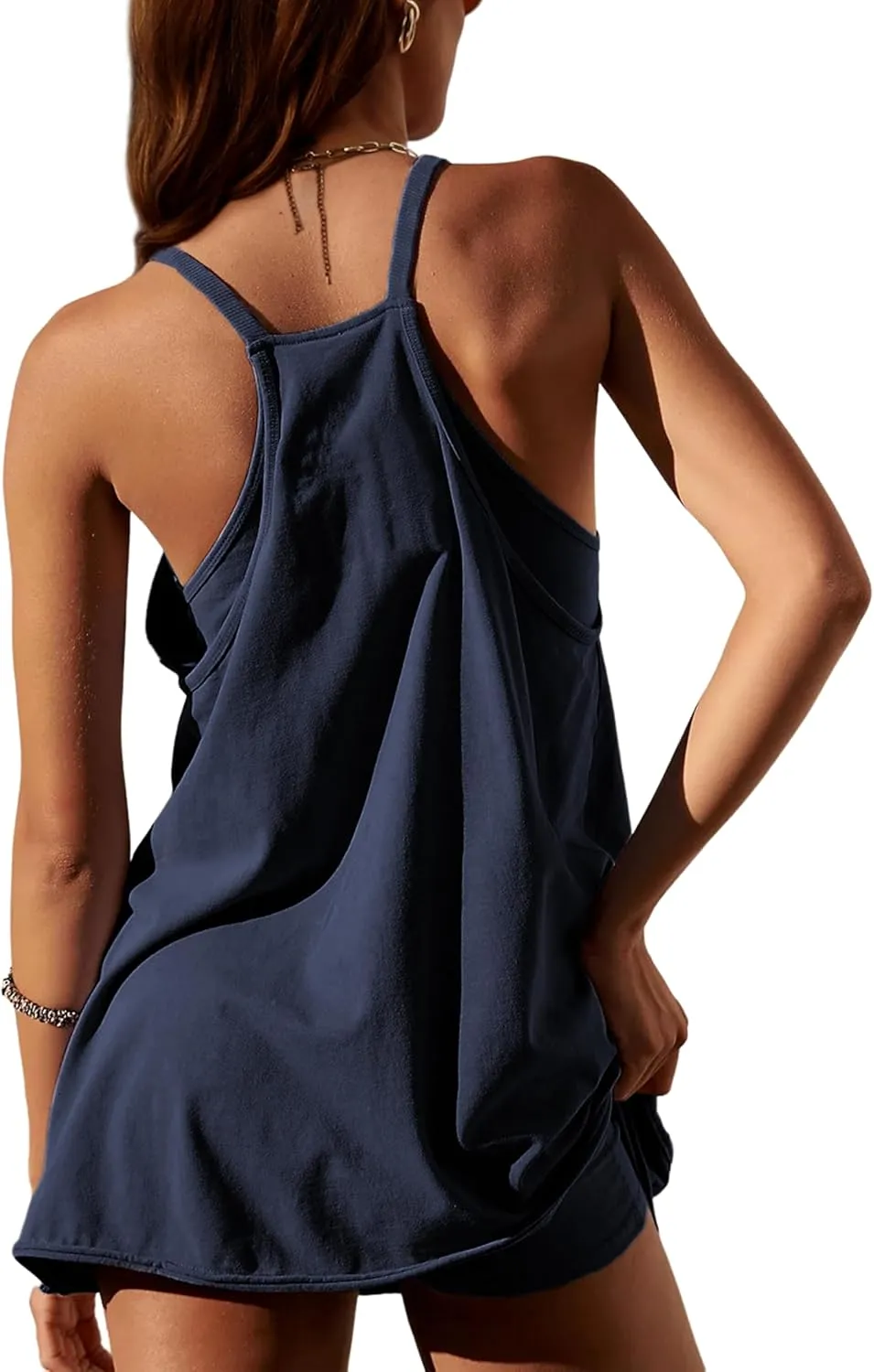 Zhiyouni Women's Summer Sleeveless Mini Dress V Neck Spaghetti Straps Athletic Built-in Shorts Sundress