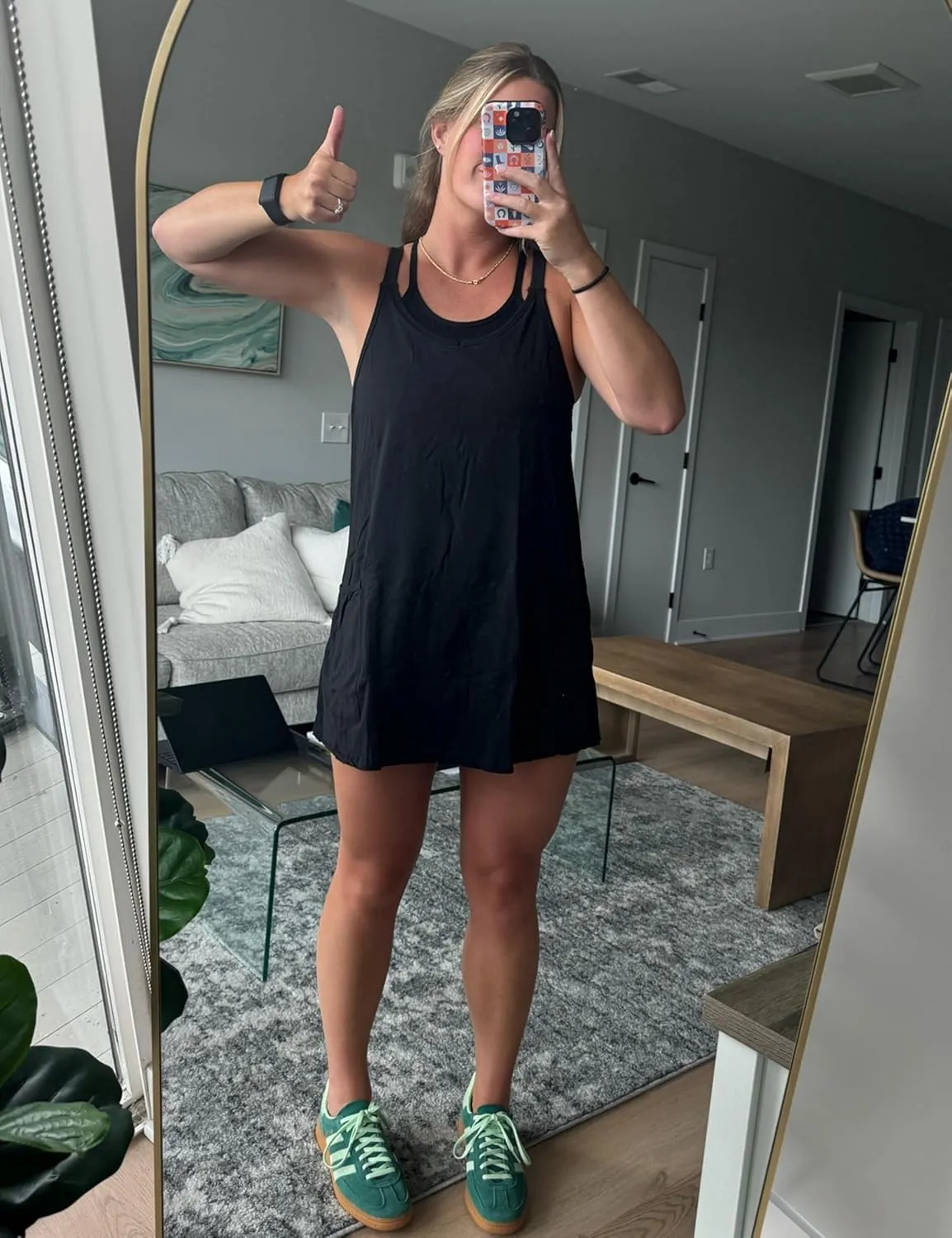 Zhiyouni Women's Summer Sleeveless Mini Dress V Neck Spaghetti Straps Athletic Built-in Shorts Sundress