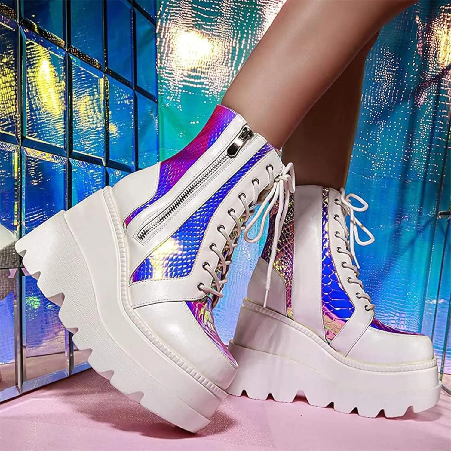 ZKXYFFS Womens Holographic Wedge Ankle Boots Lace Up Zip High Heel Booties Goth Combat Wedge Chunky Platform Boots Multicolor Platform Boots for Women