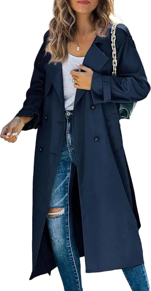 Zontroldy Women's Double Breasted Long Trench Coat Lapel Solid Color Windbreaker Jacket with Belt