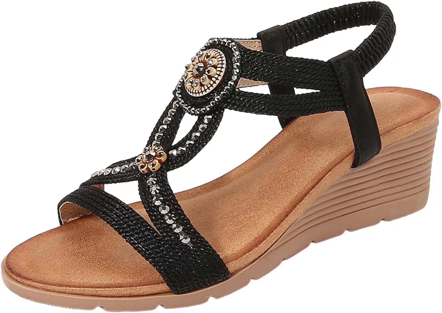 ZSpzx Arch Support Wedge Sandals for Women 2025 Open Toe Flower Low Heel Dressy Sandals with Elastic Ankle Strap Ladies Orthopedic Rhinestone Summer Comfortable Shoes for Beach Holiday Outdoor Indoor