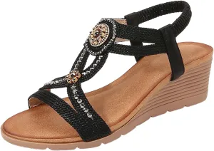 ZSpzx Arch Support Wedge Sandals for Women 2025 Open Toe Flower Low Heel Dressy Sandals with Elastic Ankle Strap Ladies Orthopedic Rhinestone Summer Comfortable Shoes for Beach Holiday Outdoor Indoor