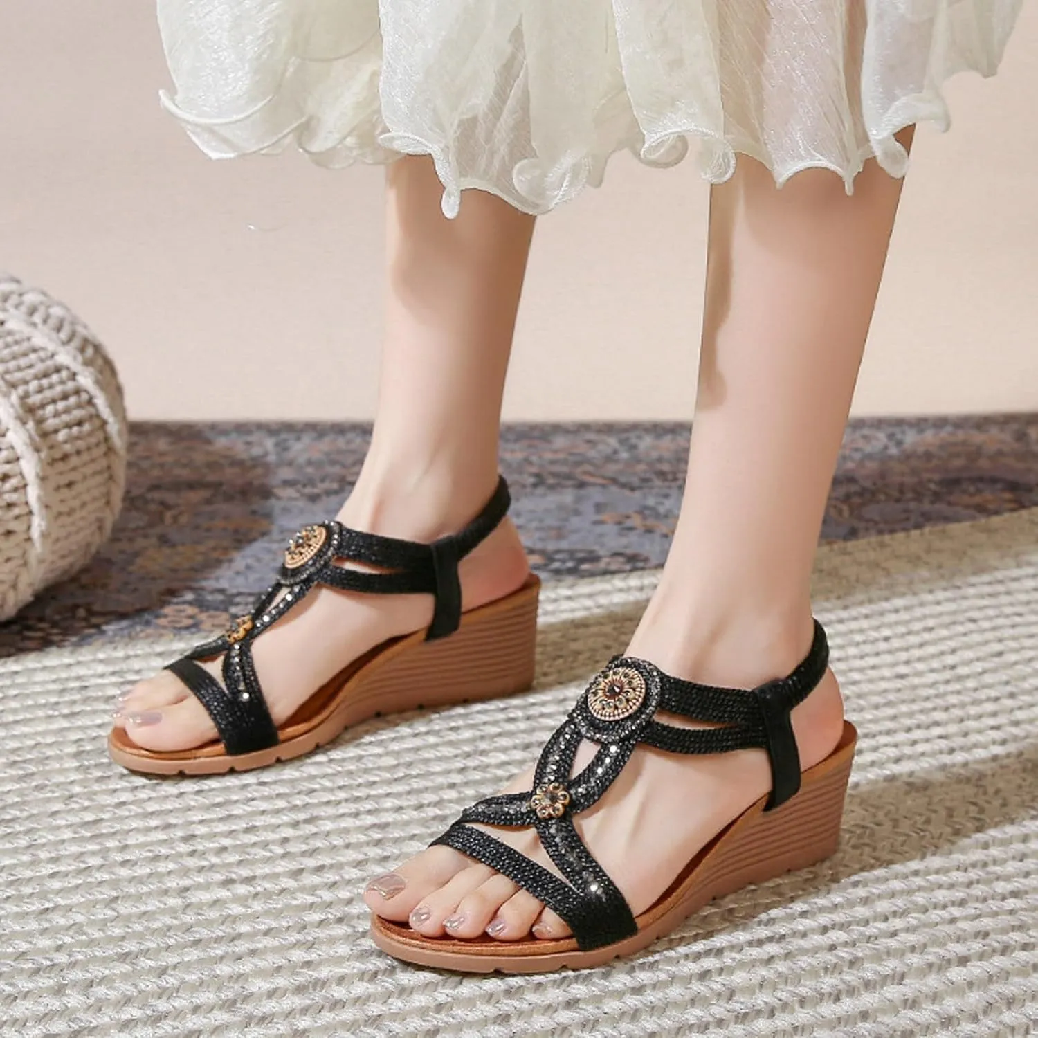 ZSpzx Arch Support Wedge Sandals for Women 2025 Open Toe Flower Low Heel Dressy Sandals with Elastic Ankle Strap Ladies Orthopedic Rhinestone Summer Comfortable Shoes for Beach Holiday Outdoor Indoor