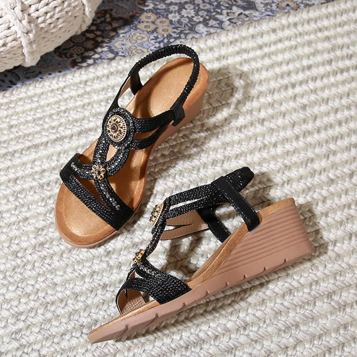 ZSpzx Arch Support Wedge Sandals for Women 2025 Open Toe Flower Low Heel Dressy Sandals with Elastic Ankle Strap Ladies Orthopedic Rhinestone Summer Comfortable Shoes for Beach Holiday Outdoor Indoor