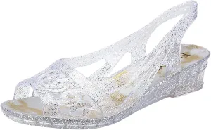 ZSpzx Women's Sparkly Clear Sandals Orthopedic Round Peep Toe Slip On Sandal Ladies Comfortable Summer Low Wedge Heels Shoes Lightweight Glitter Dressy Shoe for Wedding Bridal Evening Cocktail